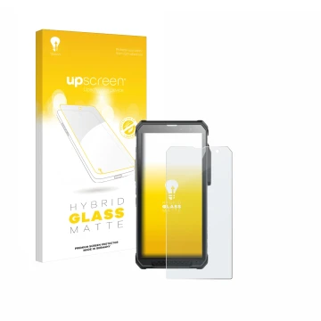 Face avant d’un emballage produit avec le logo de la marque upscreen. À côté, l’appareil RugGear RG880 est représenté avec la 