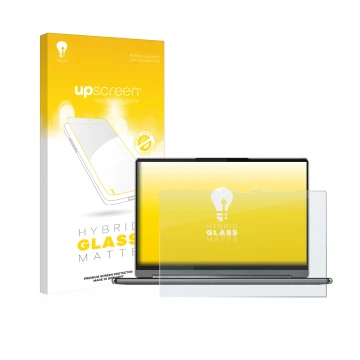 Face avant d’un emballage produit avec le logo de la marque upscreen. À côté, l’appareil Lenovo Yoga 9i Gen 9 2-in-1 14