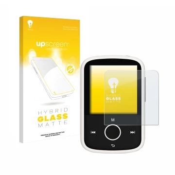 Face avant d’un emballage produit avec le logo de la marque upscreen. À côté, l’appareil Majority MP3 16GB est représenté avec