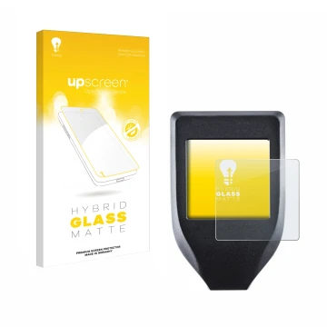 Face avant d’un emballage produit avec le logo de la marque upscreen. À côté, l’appareil Trezor Model T est représenté avec la
