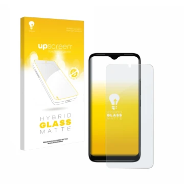 Face avant d’un emballage produit avec le logo de la marque upscreen. À côté, l’appareil Nokia C12 est représenté avec la prot