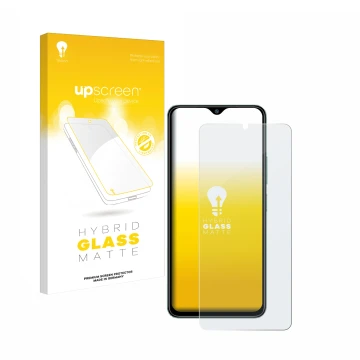 Face avant d’un emballage produit avec le logo de la marque upscreen. À côté, l’appareil Xiaomi Redmi A3 est représenté avec l