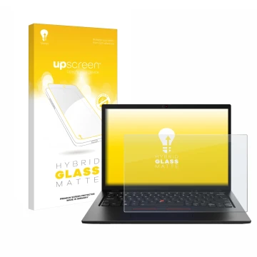 Face avant d’un emballage produit avec le logo de la marque upscreen. À côté, l’appareil Lenovo ThinkPad L13 Gen 4 Non-Touch e