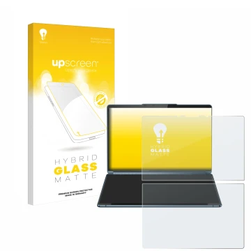 Face avant d’un emballage produit avec le logo de la marque upscreen. À côté, l’appareil Lenovo Yoga Book 9i Gen 9 est représe