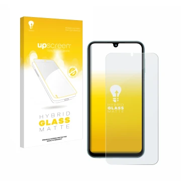 Face avant d’un emballage produit avec le logo de la marque upscreen. À côté, l’appareil Samsung Galaxy M34 est représenté ave