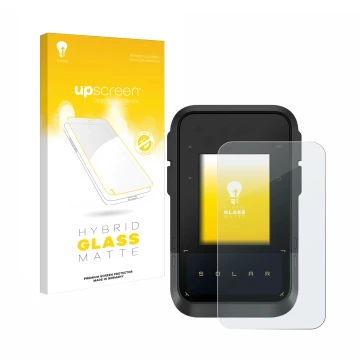 Face avant d’un emballage produit avec le logo de la marque upscreen. À côté, l’appareil Garmin eTrex Solar est représenté ave