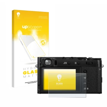 Face avant d’un emballage produit avec le logo de la marque upscreen. À côté, l’appareil Fujifilm X100VI est représenté avec l