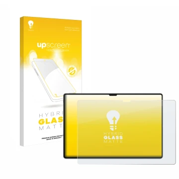 Face avant d’un emballage produit avec le logo de la marque upscreen. À côté, l’appareil Huawei MatePad Pro 13.2