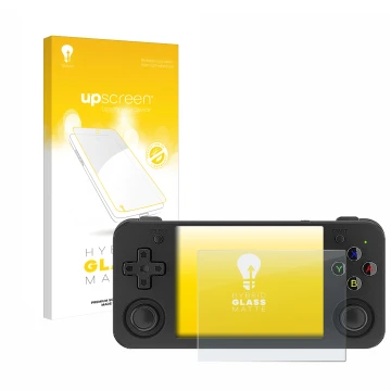 Face avant d’un emballage produit avec le logo de la marque upscreen. À côté, l’appareil Anbernic RG35XX H est représenté avec