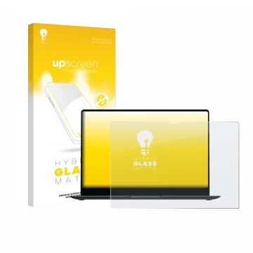 Face avant d’un emballage produit avec le logo de la marque upscreen. À côté, l’appareil Samsung Galaxy Book4 Pro 14