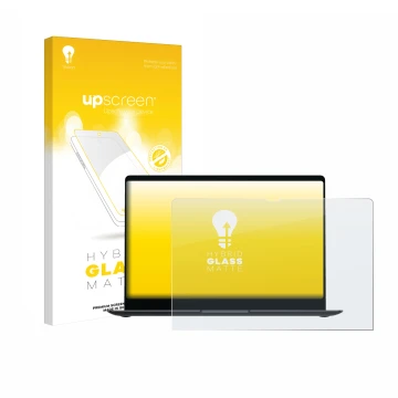Face avant d’un emballage produit avec le logo de la marque upscreen. À côté, l’appareil Samsung Galaxy Book4 Pro 16