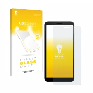 Face avant d’un emballage produit avec le logo de la marque upscreen. À côté, l’appareil TCL 501 est représenté avec la protec