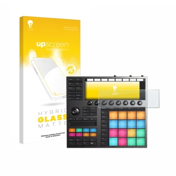 Face avant d’un emballage produit avec le logo de la marque upscreen. À côté, l’appareil Native Instruments Maschine + est rep