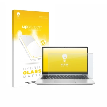 Face avant d’un emballage produit avec le logo de la marque upscreen. À côté, l’appareil HP ProBook 445 G7 est représenté avec