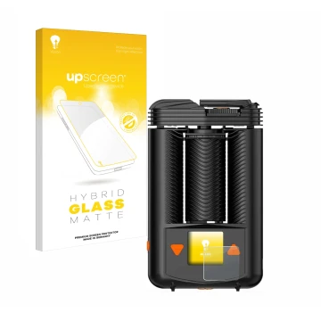 Face avant d’un emballage produit avec le logo de la marque upscreen. À côté, l’appareil Storz & Bickel Mighty + est représent