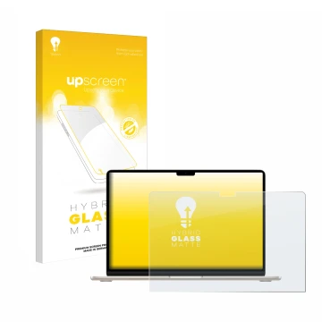 Face avant d’un emballage produit avec le logo de la marque upscreen. À côté, l’appareil Apple MacBook Air 15