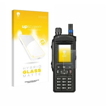 Face avant d’un emballage produit avec le logo de la marque upscreen. À côté, l’appareil Motorola MTP6650 est représenté avec 