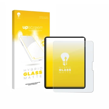 Face avant d’un emballage produit avec le logo de la marque upscreen. À côté, l’appareil Apple iPad Pro 13