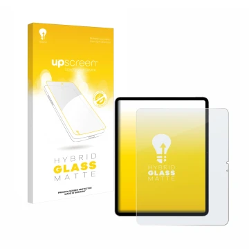 Face avant d’un emballage produit avec le logo de la marque upscreen. À côté, l’appareil Apple iPad Air 13