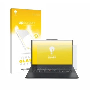 Face avant d’un emballage produit avec le logo de la marque upscreen. À côté, l’appareil Lenovo ThinkPad Z13 Gen 2 est représe