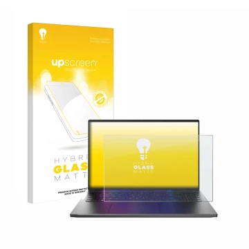 Face avant d’un emballage produit avec le logo de la marque upscreen. À côté, l’appareil Acer Swift Go 16 est représenté avec 