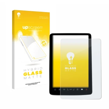 Face avant d’un emballage produit avec le logo de la marque upscreen. À côté, l’appareil Volvo EX30 12.3