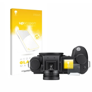 Face avant d’un emballage produit avec le logo de la marque upscreen. À côté, l’appareil Leica SL3 (affichage des épaules) est