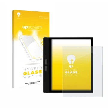 Face avant d’un emballage produit avec le logo de la marque upscreen. À côté, l’appareil Bigme B751C est représenté avec la pr