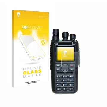 Face avant d’un emballage produit avec le logo de la marque upscreen. À côté, l’appareil AnyTone AT-D878UV II Plus est représe
