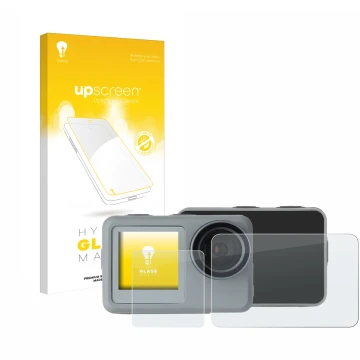 Face avant d’un emballage produit avec le logo de la marque upscreen. À côté, l’appareil Rollei Actioncam 9s Plus est représen