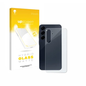 Face avant d’un emballage produit avec le logo de la marque upscreen. À côté, l’appareil Samsung Galaxy A55 5G (Arrière) est r