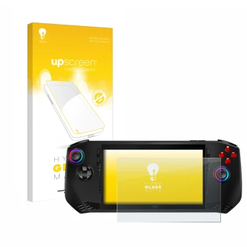 Face avant d’un emballage produit avec le logo de la marque upscreen. À côté, l’appareil MSI Claw A1M est représenté avec la p