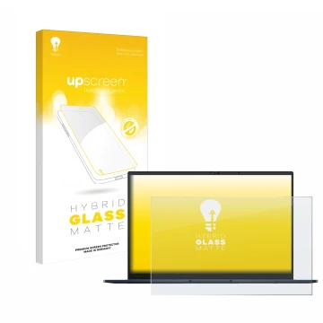 Face avant d’un emballage produit avec le logo de la marque upscreen. À côté, l’appareil ASUS ZenBook 14 OLED UX3405 Non-Touch