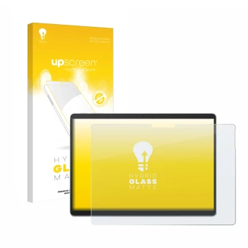 Face avant d’un emballage produit avec le logo de la marque upscreen. À côté, l’appareil Microsoft Surface Pro 10 est représen