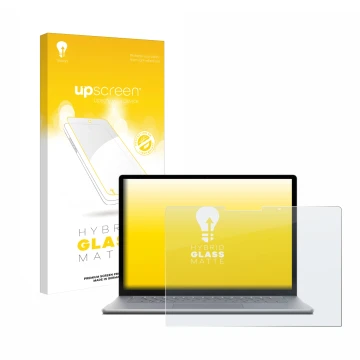 Face avant d’un emballage produit avec le logo de la marque upscreen. À côté, l’appareil Microsoft Surface Laptop 6 13.5