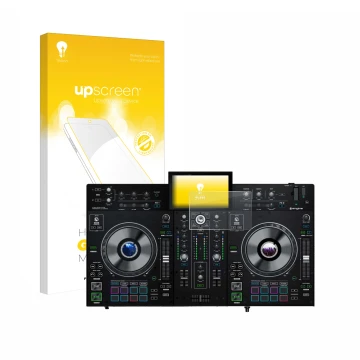 Face avant d’un emballage produit avec le logo de la marque upscreen. À côté, l’appareil Denon DJ Prime 2 est représenté avec 