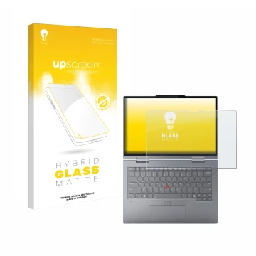 Face avant d’un emballage produit avec le logo de la marque upscreen. À côté, l’appareil Lenovo ThinkPad X1 2-in-1 Gen 9 14