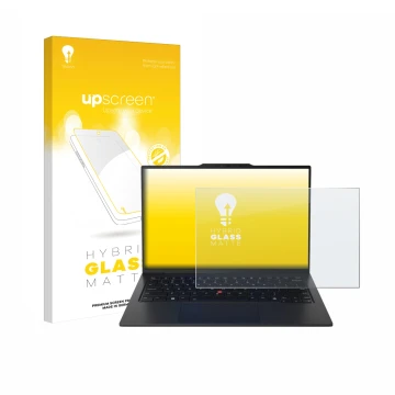 Face avant d’un emballage produit avec le logo de la marque upscreen. À côté, l’appareil Lenovo ThinkPad X1 Carbon Gen 12 14