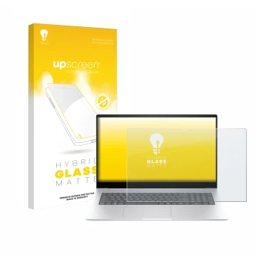Face avant d’un emballage produit avec le logo de la marque upscreen. À côté, l’appareil HP Envy 17 2024 est représenté avec l