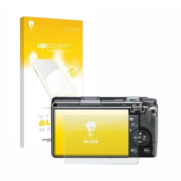 Face avant d’un emballage produit avec le logo de la marque upscreen. À côté, l’appareil Ricoh GR IIIx HDF est représenté avec