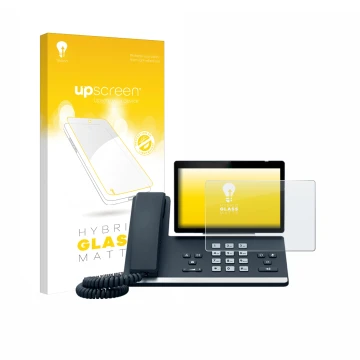 Face avant d’un emballage produit avec le logo de la marque upscreen. À côté, l’appareil Yealink SIP-T57W est représenté avec 