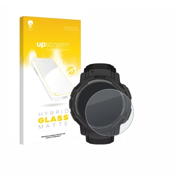 Face avant d’un emballage produit avec le logo de la marque upscreen. À côté, l’appareil Garmin Instinct Crossover Solar est r