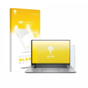 Face avant d’un emballage produit avec le logo de la marque upscreen. À côté, l’appareil HP Zbook Studio 16 G10 est représenté