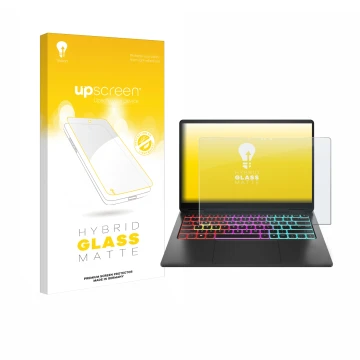 Face avant d’un emballage produit avec le logo de la marque upscreen. À côté, l’appareil HP Omen Transcend 14 est représenté a