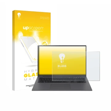 Face avant d’un emballage produit avec le logo de la marque upscreen. À côté, l’appareil LG gram 17