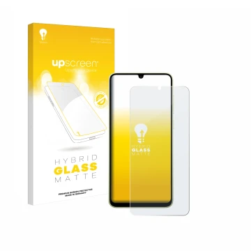Face avant d’un emballage produit avec le logo de la marque upscreen. À côté, l’appareil Samsung Galaxy A05 est représenté ave