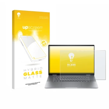 Face avant d’un emballage produit avec le logo de la marque upscreen. À côté, l’appareil HP Envy x360 2-in-1 16 est représenté