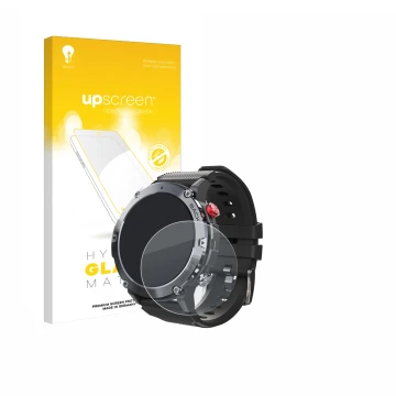 Face avant d’un emballage produit avec le logo de la marque upscreen. À côté, l’appareil Darmowade Smartwatch 1.32