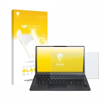 Face avant d’un emballage produit avec le logo de la marque upscreen. À côté, l’appareil Fujitsu Lifebook U9312 est représenté