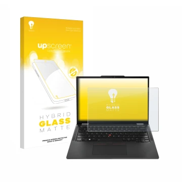 Face avant d’un emballage produit avec le logo de la marque upscreen. À côté, l’appareil Lenovo ThinkPad X13 Gen 5 est représe